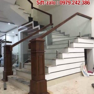 Cầu thang gỗ kính đẹp, cầu thang kính tay vịn gỗ