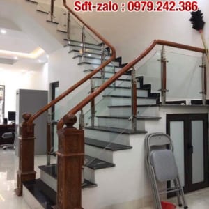 Cầu thang gỗ kính đẹp Hà Nội, cầu thang lan can kính