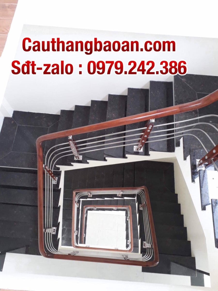 Cầu thang inox tay vịn gỗ, báo giá cầu thang lan can inox tay vịn gỗ tại Hà Nội