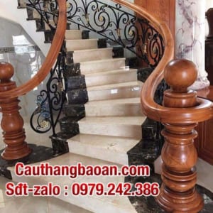 Lan can cầu thang sắt nghệ thuật đẹp, Cầu thang sắt tay vịn gỗ